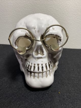 Vintage 60’s Skull Ashtray W/glasses Porcelain Hippy