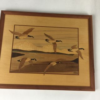 Vintage Hudson River Wood Inlay Marquetry Geese In Flight