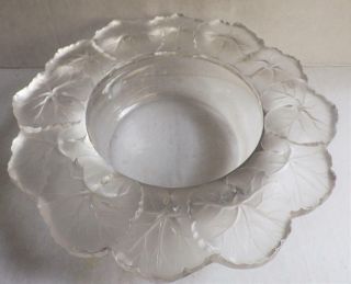 Vintage Lalique Crystal Honfleur Geranium Round Bowl 9 " Label Signed