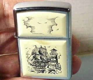 Never Lit,  Vtg Zippo Scrimshaw Pocket Lighter,  Ship & Lighthouse Motif