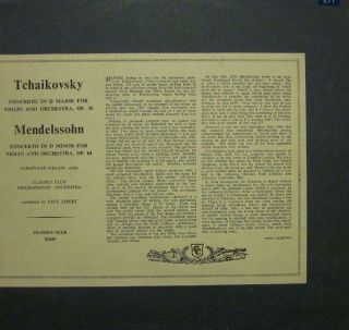 Tchaikovsky/mendelssohn (vinyl Lp) Violin Concertos - Classics Club - X1029 - Uk - Vg,  /vg,