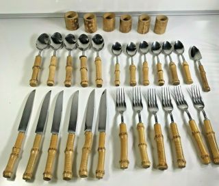 30 Pc Vtg Stainless Japan Real Bamboo Handle Stainless Steel Silverware Flatware
