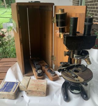 Vintage Brass Bausch And Lomb Microscope Case 1915 Fitted Accessories