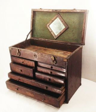 Vtg Antique Pilliod Tiger Oak Wood Machinist 7 Drawer Tool Box Chest Storage