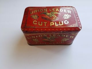 Union Leader Cut Plug Tobacco Chew Tin Box Eagle W/partial Tax Stamp