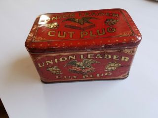 Union Leader Cut Plug Tobacco Chew Tin Box Eagle w/Partial Tax Stamp 2