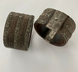 Vintage Chinese Bangle Bracelet Sterling Silver Repousse Over Carved Wood Set 2