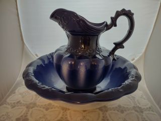 Vintage Ironstone Porcelain Royal Dark Cobalt Flow Blue Pitcher And Wash Basin