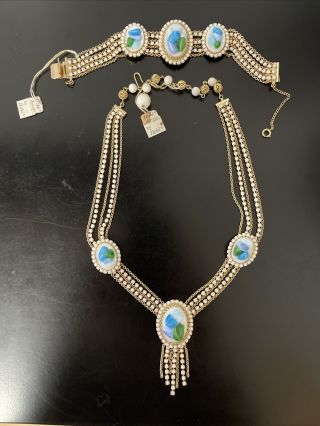 Vtg.  Signed Hobe’ Necklace & Bracelet Blue,  Green,  Lavender & White Art Glass