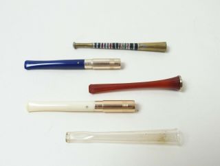 Five Vintage Cigarette Holders - Amber,  Glass,  Dunhill Spring Loaded Etc