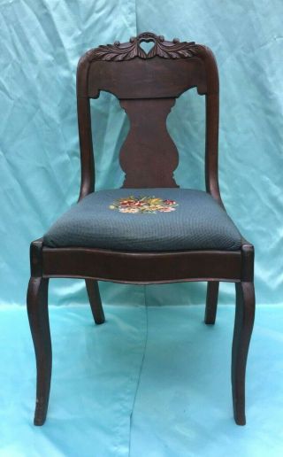 Antique Victorian Carved Mahogany Needlepoint Seat Parlor Accent Side Chair