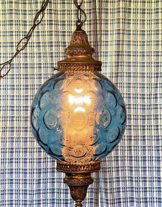Vintage Mid - Century Blue Optic Glass Hanging Swag Lamp Globe Light Retro 10 "