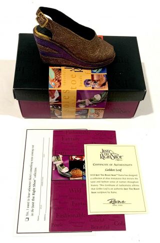 Just The Right Shoe By Raine Purple & Gold Platform Wedge " Golden Leaf” 25098