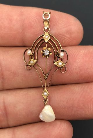Antique Victorian 10k Yellow Gold Rose Cut Diamond & Seed Pearl Lavalier Pendant