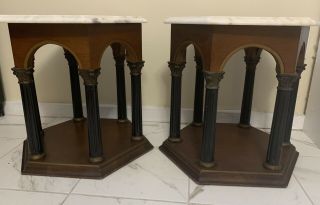Set Of 2 Vtg Authentic Marble Top Wood End Metal Base Table.  Made In Portugal