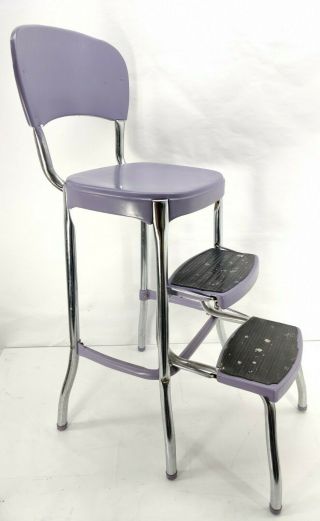 Vintage Cosco Kitchen Step Stool Chair Purple Metal Pull Out Steps