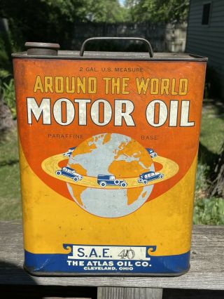 Vintage Around The World Motor Oil 2 Gallon Can Atlas Oil Co Ohio Gas Oil Soda