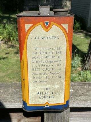 vintage around the world motor oil 2 gallon can atlas oil co ohio gas oil soda 2