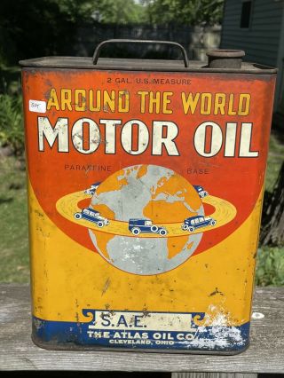 vintage around the world motor oil 2 gallon can atlas oil co ohio gas oil soda 3