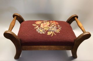 Antique 1920’s Foot Stool Walnut Double Handled Floral Burgundy Needlepoint
