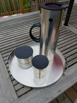 Vtg Stainless Stelton Erik Magnusson Coffee Carafe Thermo Sugar Creamer Tray Set