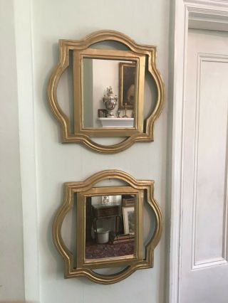 Old Vintage Pair Art Deco Style Gold Decorated Wall Mirrors Pierced Shaped Frame