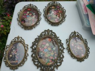 5 Vintage Ornate Metal Oval Picture Frame Convex Bubble Dome Glass 13 " And 10 "