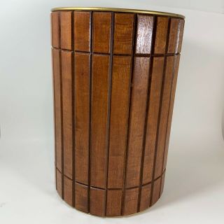 Vintage Mid Century Gruvwood Round Waste Basket / Trash Can Real Walnut Facing