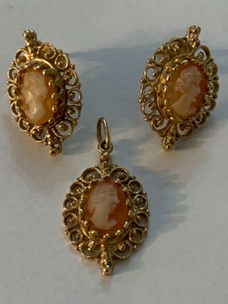 Vtg Art Deco 14k Yellow Gold Cameo Shell Woman Profile Earrings Pendant