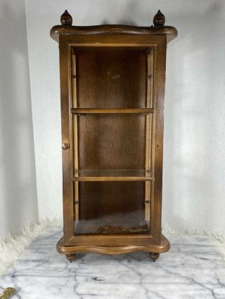 Vintage Wood Glass Wall Hanging Shelf Curio Cabinet Small Door 3 Stand Skinny