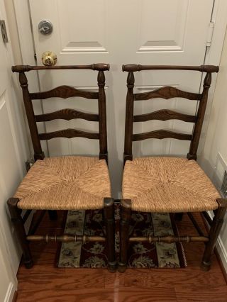 2 Rustic Vintage French Country Brown Rush Ladderback Farmhouse Dining Chairs