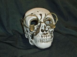 Vintage Skull Ashtray Smoker Wearing Metal Glasses Ceramic