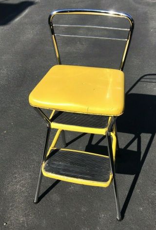 Vintage Cosco Yellow Kitchen Step Stool Chair Flip Up Seat Chrome