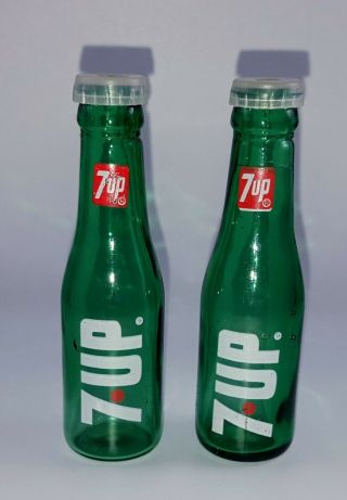 Vintage Salt And Pepper Shaker - 7up Soda Pop Green Glass Advertising Bottles