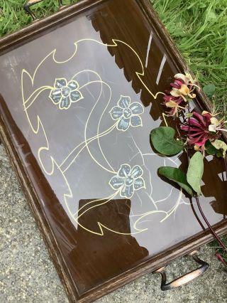 Art Nouveau Large Wooden - Glass Top Tray - 3 Stylised Flowers - Nouveau Gold Pattern