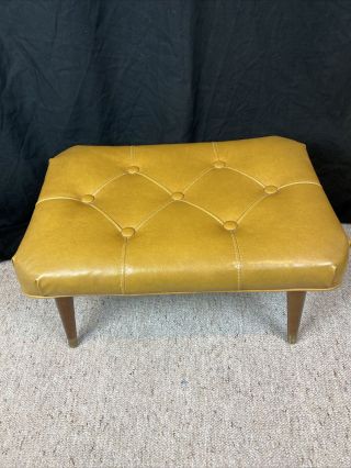 Mid Century Modern Tufted Mustard Yellow Vinyl Bench Footrest Tapered Legs