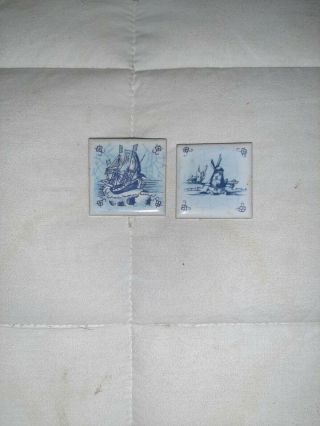 2 Vintage Miniature Delft Style Tiles Blue & White Windmill Sailing Ship