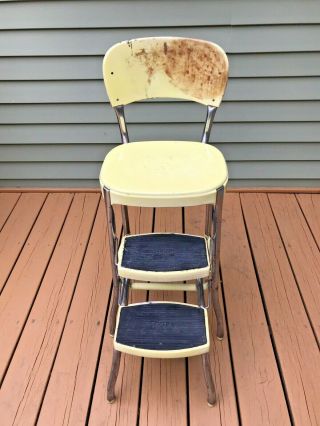 Vintage Cosco 2 - Step Stool/chair Mid Century Yellow & Chrome Pull Out Steps