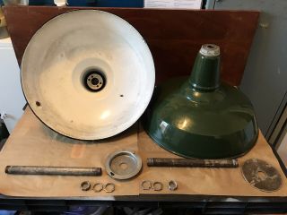 2 Vintage 16” Green Porcelain 1930 ' s Benjamin Barn Light / Warehouse Fixture 3
