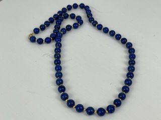 Vintage 14k Yellow Gold 8mm Blue Lapis Lazuli Bead Strand Necklace 28 "
