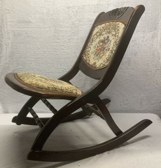 Vintage Antique Floral Tapestry Wood Folding Adult Rocking Chair Victorian Style