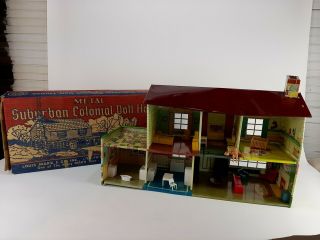 Vintage 1950s Marx Metal Tin Litho Dollhouse Suburban Colonial W Furniture & Box