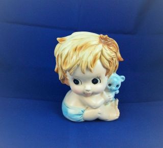 Vintage Blonde Baby Boy / Girl Head Vase / Planter Holding Teddy Bear 451