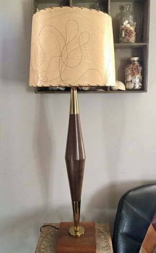 Mid Century Modern Wood Brass Table Lamp Threaded Fiberglass Shade Mcm