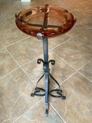 Vintage Metal Stand Up Ash Tray W/ Amber Glass