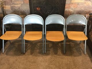 4 Vintage Metal Folding Chair Set Blue Mid Century Rustic Bentwood Wedding Loft