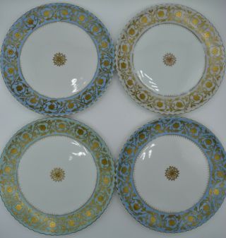 4 Antique Hand Painted Raised Gold Flower Dinner Plates Ackermann Fritze Beehive
