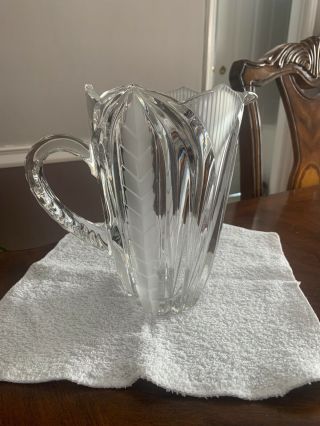 Vintage Glass Pitcher Etched 8” T X 6” W,  With Handle 8” W