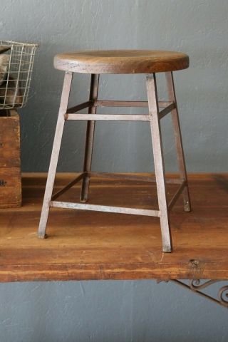 Vtg Industrial Stool Angle Iron Oak Seat Drafting Table Machinist Workbench Desk