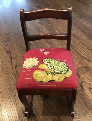 Vintage Childs/doll Wood Rocking Chair Needlepoint Frog & Flower Seat Cushion